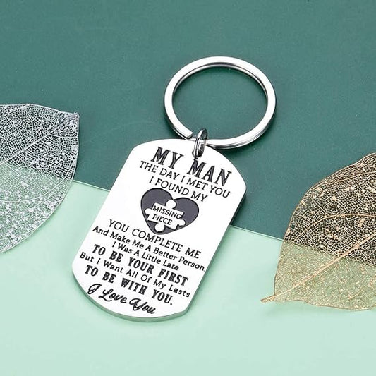 "My Man ❤️" Stainless Steel Dog Tag Keychain – Gift for Husband or Boyfriend