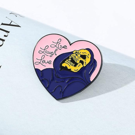 🖤 “Live, Laugh, Love” Heart & Skull Enamel Pin – Cute Gothic Lapel Badge for Jackets & Bags