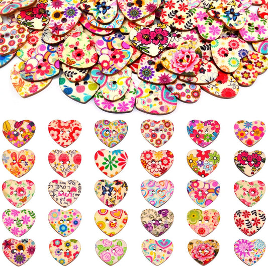 100 PCS Heart Wooden Buttons – 2-Hole Sewing & Scrapbooking Craft Decor ❤️🧵