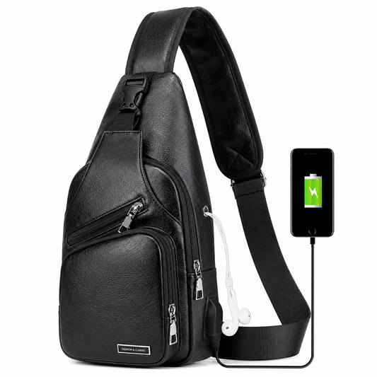 Black Chest Crossbody Bag Sling Backpack for Men with USB Charge Port