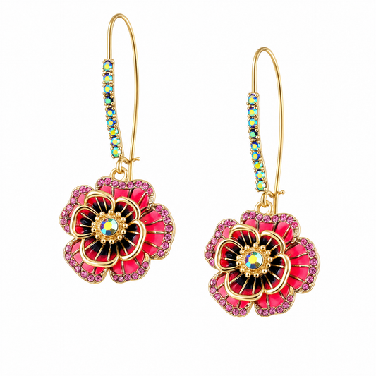Rose Flower Dangle Earrings - Pink & Gold Tone