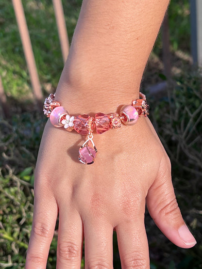 🌸Pink Beaded Flower Charm Bracelet – DIY Handmade Fashion Jewelry for Girls & Teens