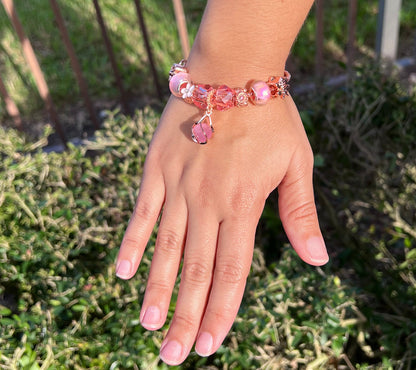 🌸Pink Beaded Flower Charm Bracelet – DIY Handmade Fashion Jewelry for Girls & Teens