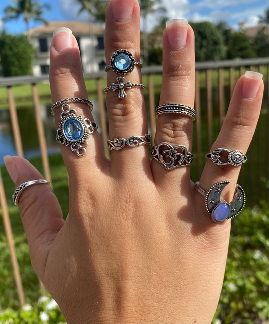 10-Piece Vintage Ring Set for Women – Blue Diamond, Horn, Cross & Sun Boho Designs